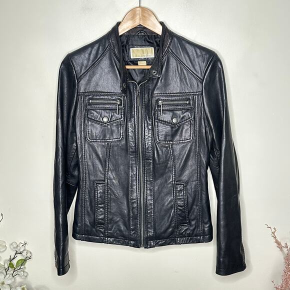 MICHAEL KORS 100% Genuine Leather Moto Jacket Black Sz M $498 - Picture 2 of 5